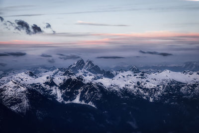 Scenic view of snowcapped mountains against sky during sunset