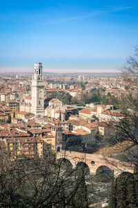 High angle shot of townscape against sky