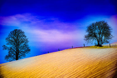 Scenic view of landscape against blue sky during winter