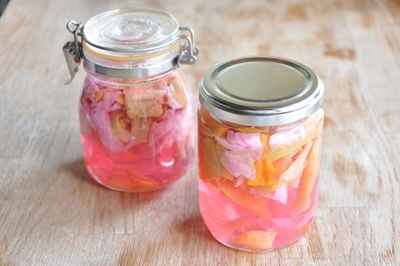 High angle view of drink in jar on table