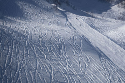 High angle view of snow covered field