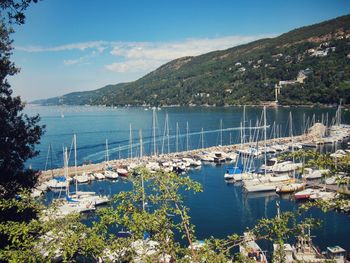 High angle view of sailboats moored on sea against sky