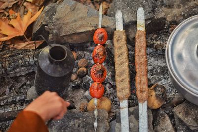 High angle view of person preparing food