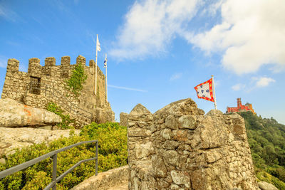 Low angle view of flags on rock against sky