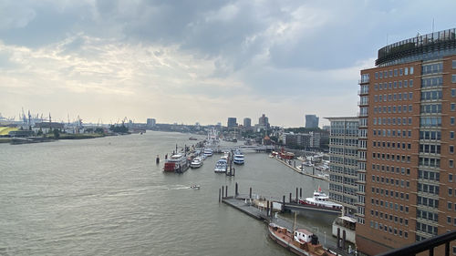 High angle view of buildings by city against sky