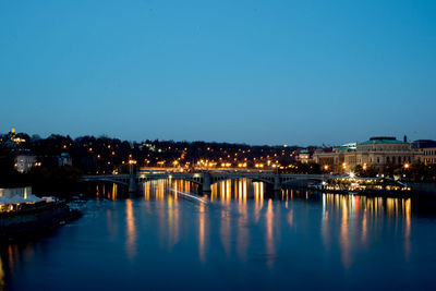 Illuminated bridge over river against sky in city at night