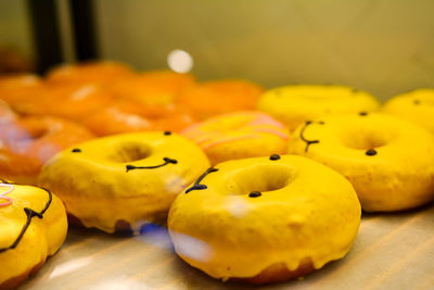 Close-up of yellow donuts