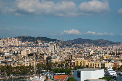 High angle shot of townscape against sky