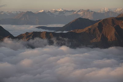 View of majestic snowcapped mountains against cloudy sky