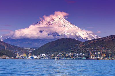 Panoramic view of the city petropavlovsk-kamchatsky and volcanoes