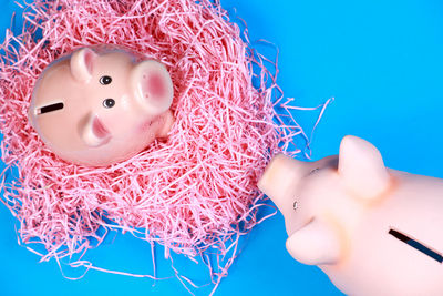 Directly above shot of piggy banks on blue background