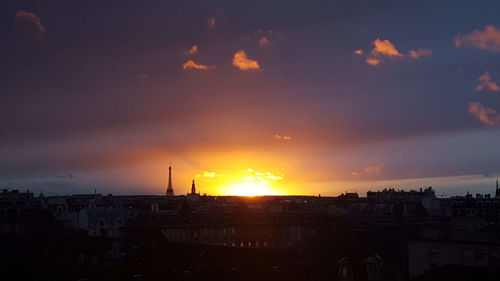 Panoramic view of city against sky during sunset