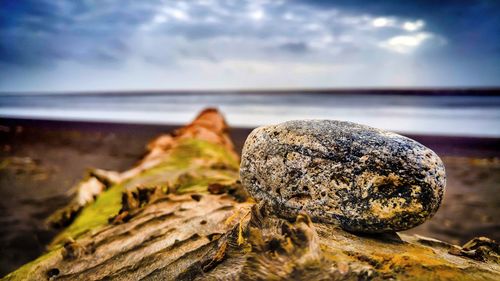 Close-up of rocks on shore against sky