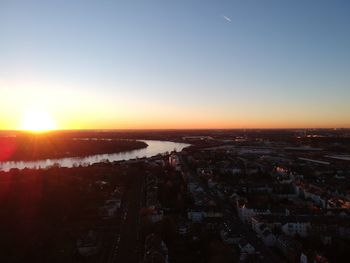 High angle view of townscape against sky during sunset