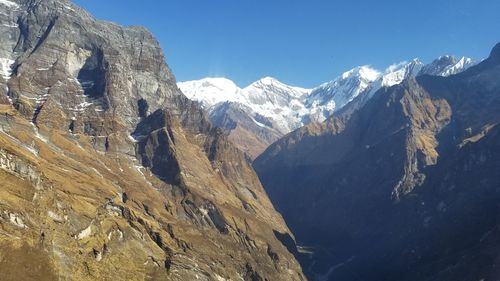 Scenic view of snowcapped mountains against clear sky