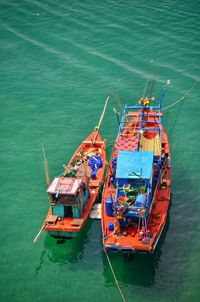 High angle view of ship moored in sea