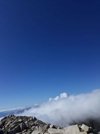 Scenic view of snowcapped mountains against clear blue sky