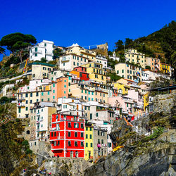 View of buildings in city against clear sky