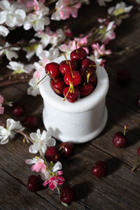 High angle view of cherry in bowl on table