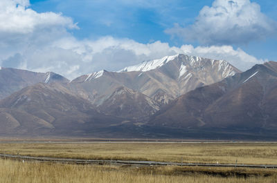 Scenic view of lake and mountains against sky