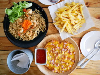 High angle view of food served on table