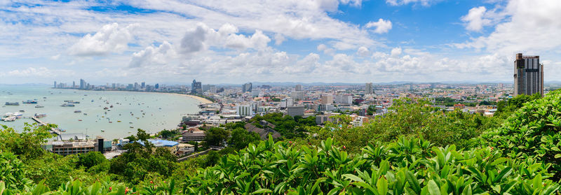 High angle view of buildings against sky