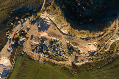 Aerial view of mining quarry, crushing machinery, processing plant for crushed stone and gravel