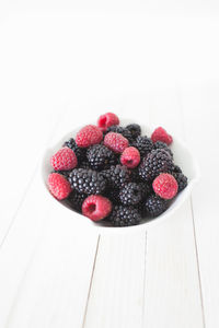 Close-up of strawberries in bowl on table against white background