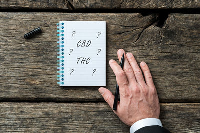 High angle view of man with text on table