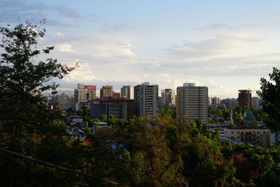 Trees and cityscape against sky