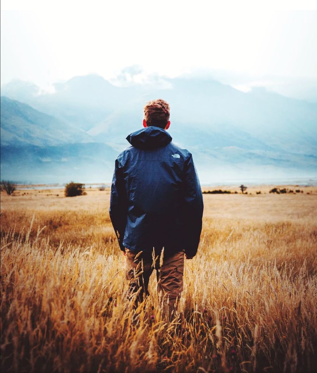 rear view, one person, field, land, real people, sky, environment, mountain, landscape, beauty in nature, leisure activity, nature, standing, plant, scenics - nature, non-urban scene, tranquil scene, lifestyles, grass, tranquility, outdoors, mountain range, looking at view