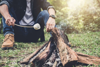 Low section of man preparing marshmallow while sitting on grassy field in forest