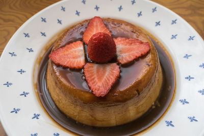 High angle view of cake in plate on table