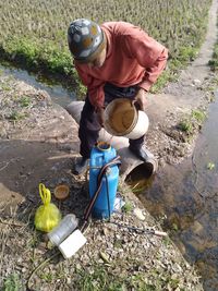 High angle view of man working