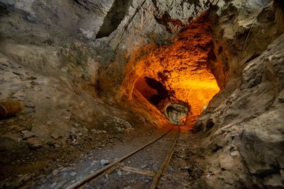 Railroad tracks in cave