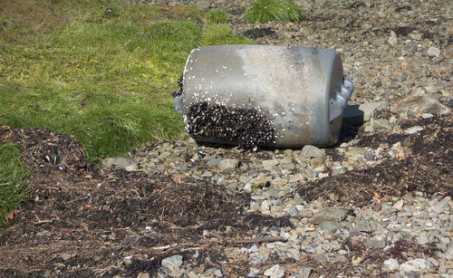 High angle view of garbage on rock