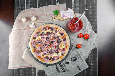 High angle view of pizza