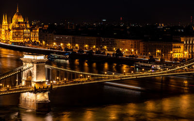 Illuminated bridge over river at night