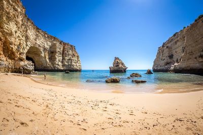 Scenic view of sea against clear blue sky