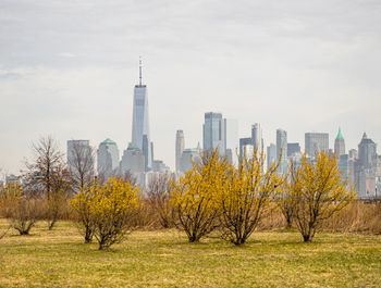 View of new york city skyline in springtime