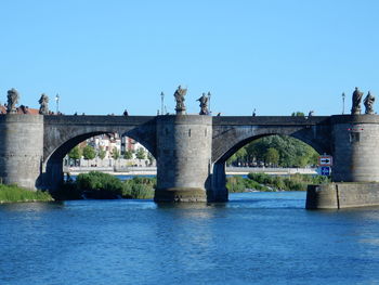 Arch bridge over river against clear blue sky