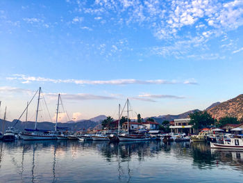 Aegean sea and yachts, boats, sunset in turkey. selimiye village in marmaris, datca peninsula 