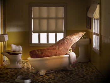 Sweet potato on bathtub in dollhouse