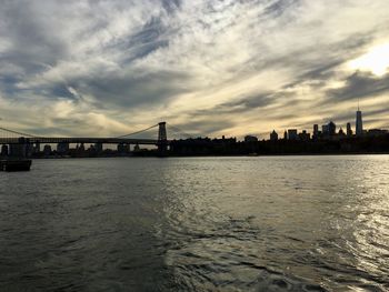 Bridge over river with city in background