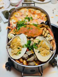 High angle view of food served on table