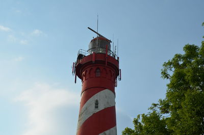 Low angle view of lighthouse by building against sky