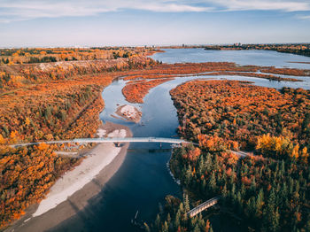 High angle view of river and trees during autumn