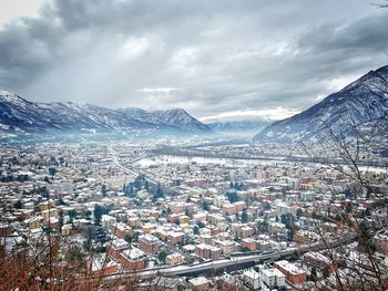 High angle view of townscape against sky during winter