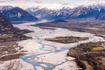 Scenic view of lake by snowcapped mountains against sky