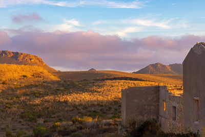 Ruins of a former miner's house with mountains in the background, mazarron, spain